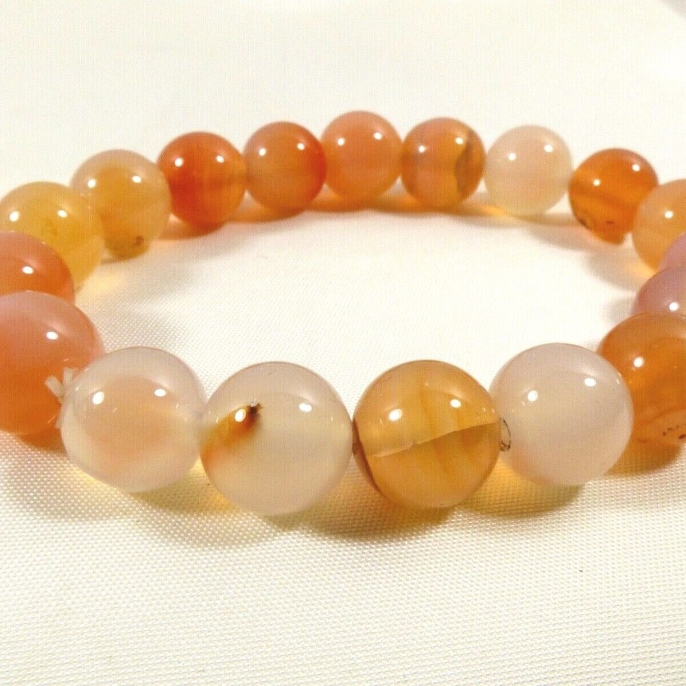 Natural Orange White color 12mm Calcedony Power Beads Bracelet Stretch one size